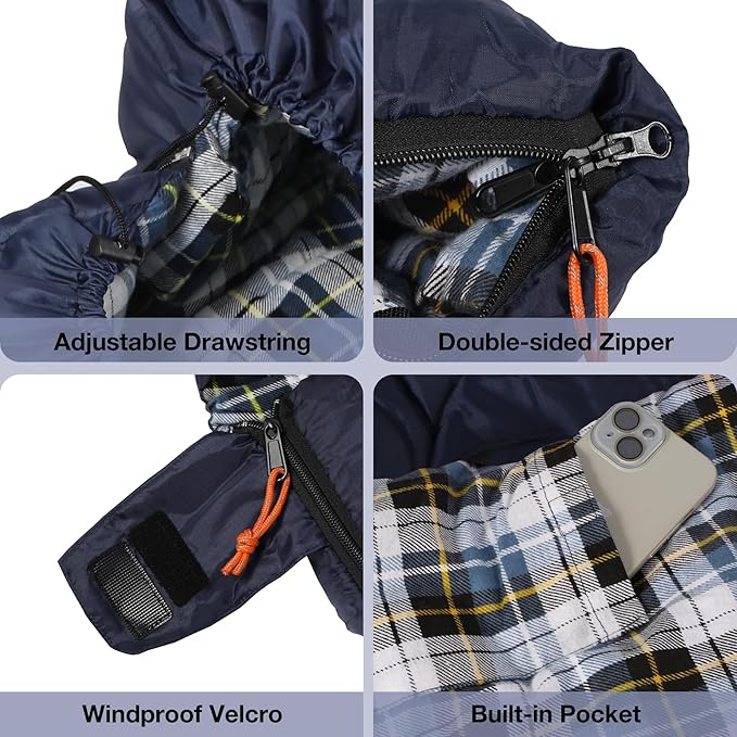 REDCAMP Flannel Sleeping Bag for Adults, Comfortable Cotton Envelope Sleeping Bags for Camping, Backpacking, Hiking, with Detachable Hood&Compression Sack, Blue/Red/Grey/Black