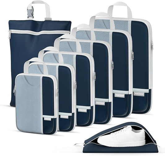 Percover Compression Packing Cubes for Travel, 8-Piece Structured Compression Organizer Set with Laundry Bag & Shoe Bag for Carry-On & Checked Luggage, Navy Blue