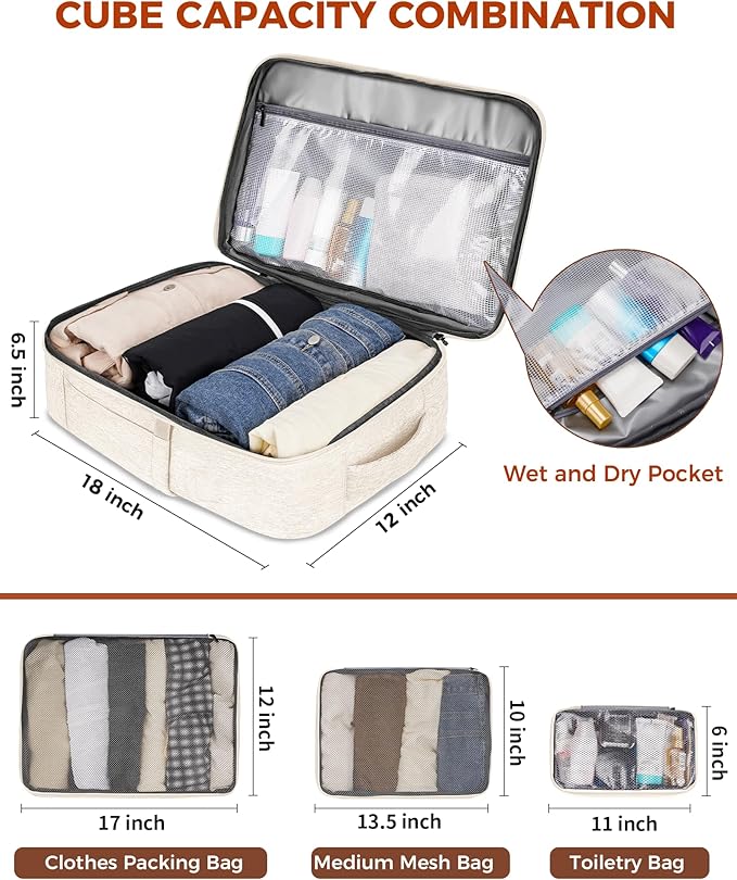 Vancropak Travel Backpack for Women, Airline Approved Carry On Backpack with 3 Packing Cubes, Expandable Large 40L Travel Bag fits 17" Laptop, Anti Theft Luggage Suitcase Weekend Daypack, White Brown