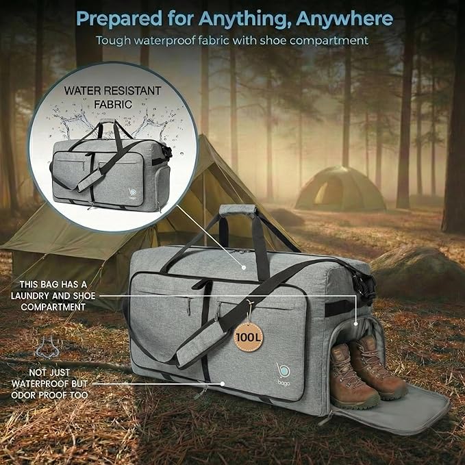 Bago Large Duffle Bag for Travel Women & Men. Durable Lightweight Foldable Travel Duffel Bags For Traveling Women. 100L Duffle Bags for Overnight Bag With Shoe Compartment Collapsible Weekender duffel