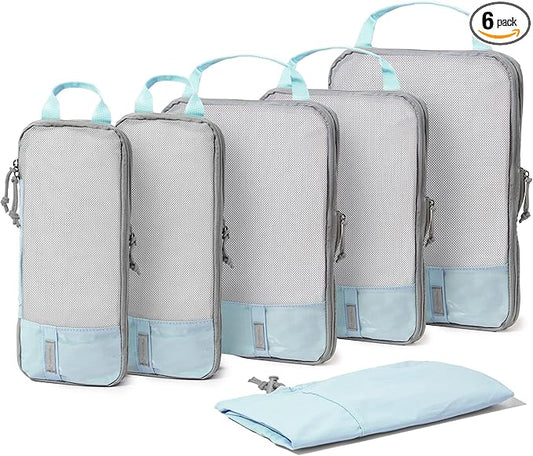 (Not Made In China) 6pc Compression Packing Cubes For Travel, Suitcase and Luggage Space Saver Organizer Bags, Lightweight, Waterproof, Durable, Blue