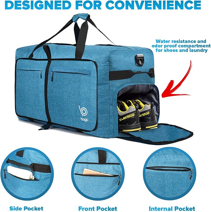 Bago Extra Large Duffle Bag for Travel Women & Men. Durable, Lightweight, Foldable Travel Duffel Bags For Traveling Women. 120L Duffle Bags Use As a Weekender Bag with Shoe Compartment, Checked Duffel