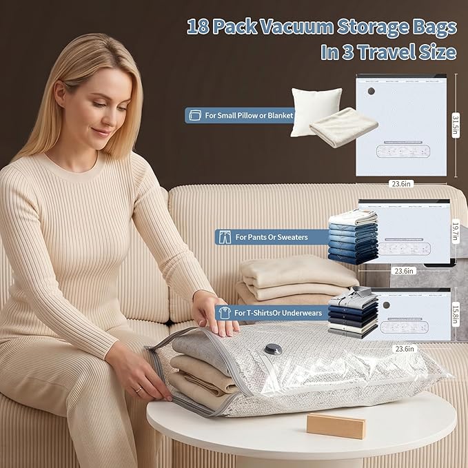 Travel Vacuum Seal Bags for Clothing,Vacuum Storage Bags with Rechargeable Pump,18 Pack Space Saver Compression for Clothes,Blankets,Bedding,Suitcase Luggage Seasonal Storage