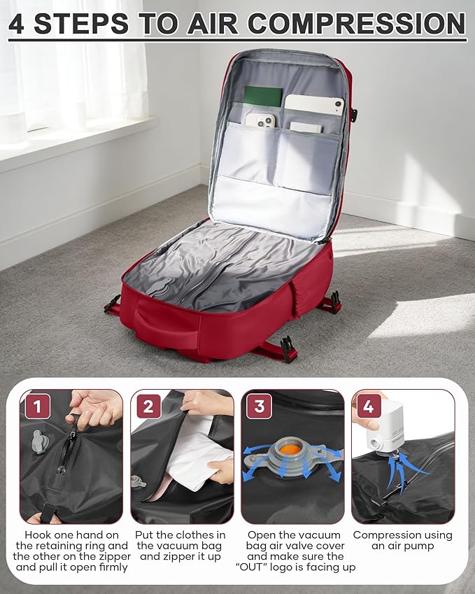 WONHOX Vacuum Seal Backpack for Travel with Air Pump Compression Daypack Personal Item Carry on Flight Approved Vacpack Laptop Space Saver Bags Storage with Vacuum System Travel Bag Women Men Red
