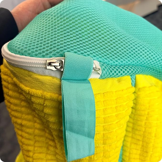 Upgraded Dual Compartment Shoe Washing Machine Bag, 420g Heavy-Duty Sneaker Laundry Bag with Clasp-Lock Zipper, Thick Chenille & Reinforced Seams for Maximum Protection, Yellow/Blue, 1-Piece