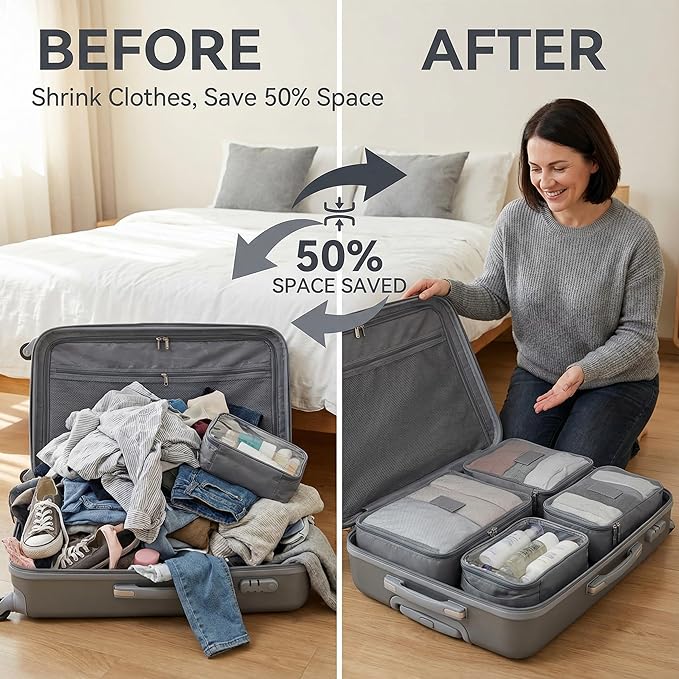 6 Set Compression Packing Cubes for 7–14 Day Travel, Durable Nylon Oxford Luggage Organizers with IP6X Waterproof Toiletry Bag, Expandable Suitcase Packing System (Charcoal Gray)