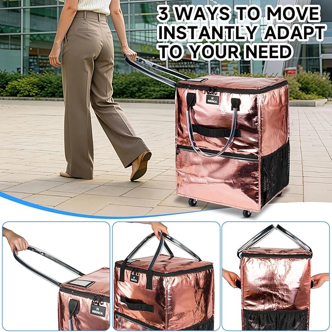 Reusable Grocery Bag On Wheels, 70L Foldable Shopping Cart with 6 Pockets & 3-Way Carry, Heavy Duty Handles, Zipper Closure for Travel, Shopping, Laundry, Medium, Rose Gold