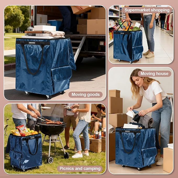 (Medium,Navy Blue) Reusable Grocery Bag on 4 Wheels, Foldable Rolling Tote Bag with 3 Handles and Zipper, Storage Organizer for Groceries, Rolling Shopping Cart for Travel, 76lb