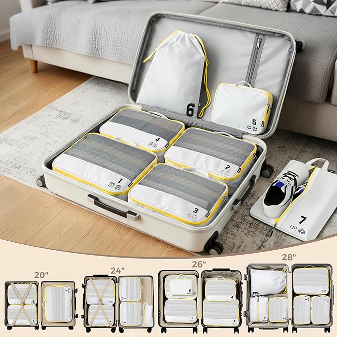 7 Set Compression Packing Cubes for Travel, Luggage Organizer Bags for Suitcases with Mesh Panels, Shoe Bag & Toiletry Bag for Carry On, Vacation & Cruise Essentials (White)