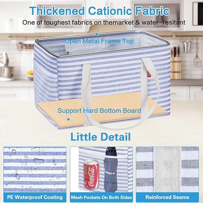 LHZK 2 Pack Utility Tote Bag with Metal Wire Frame and the Sides Rinforced, Large Tote Bag with Handle, Reusable Grocery Bags Foldable, Beach Bag, Car Tote (Blue, 18.5''x11.8''x11.5'')