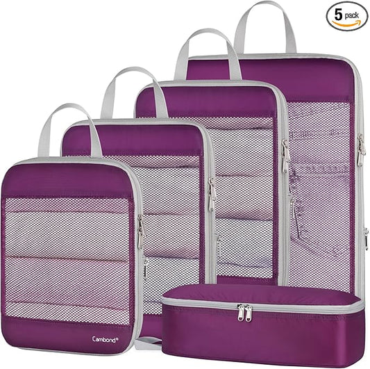 Cambond See Through Mesh Compression Packing Cubes - 5 Piece Expandable Space Saving Packing Cubes for Travel with Underwear Bag, Lightweight Luggage Packing Organizers for Suitcases, Purple