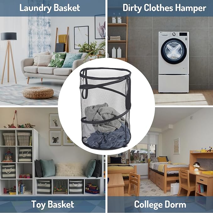 Seiritex 2Pcs Mesh Popup Laundry Hamper 115L Extra Large Collapsible Laundry Basket Foldable Clothing Storage Basket with Handles No Lid 26 H x 18 W x 18 L (Black)