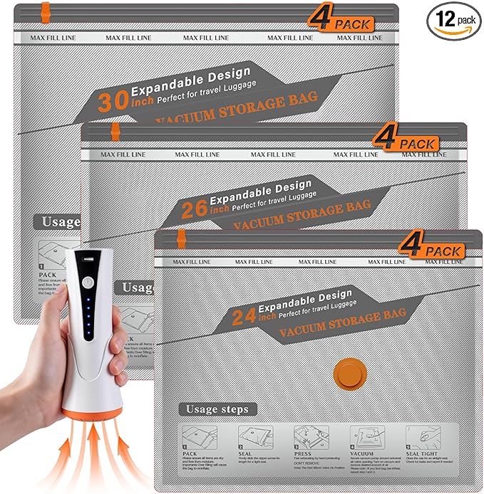 Vacuum Seal Bags for Clothing Travel, Rechargeable Wireless Pump, Portable Space Saver Bags for Clothing Travel in 3 Combo sizes, Compression Packing for Luggage, Seasonal Storage 12 Combo Set
