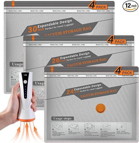 Vacuum Seal Bags for Clothing Travel, Rechargeable Wireless Pump, Portable Space Saver Bags for Clothing Travel in 3 Combo sizes, Compression Packing for Luggage, Seasonal Storage 12 Combo Set