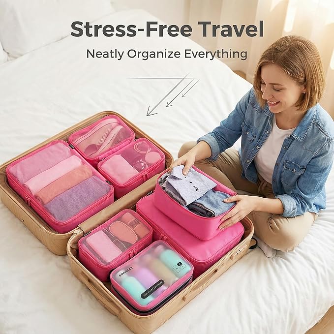 6 Set Compression Packing Cubes for 7–14 Day Travel, Durable Nylon Oxford Luggage Organizers with IP6X Waterproof Toiletry Bag, Expandable Suitcase Packing System (Rose Red)