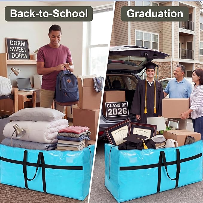 4 Pcs 96 Gallon Extra Large Moving Bags Heavy Duty Storage Bag with Strong Zipper Handle Foldable XXL Jumbo Storage Tote Packing Moving Box for College Dorm Travel Cloth Duffle (Lake Blue)