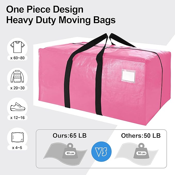 VELVETSURE 6 Pack Heavy Duty Large Moving Bags W/Backpack Straps - Strong Handles & Zippers, Storage Totes For Space Saving, Fold Flat, Alternative to Moving Box and Storage Bin, Pink