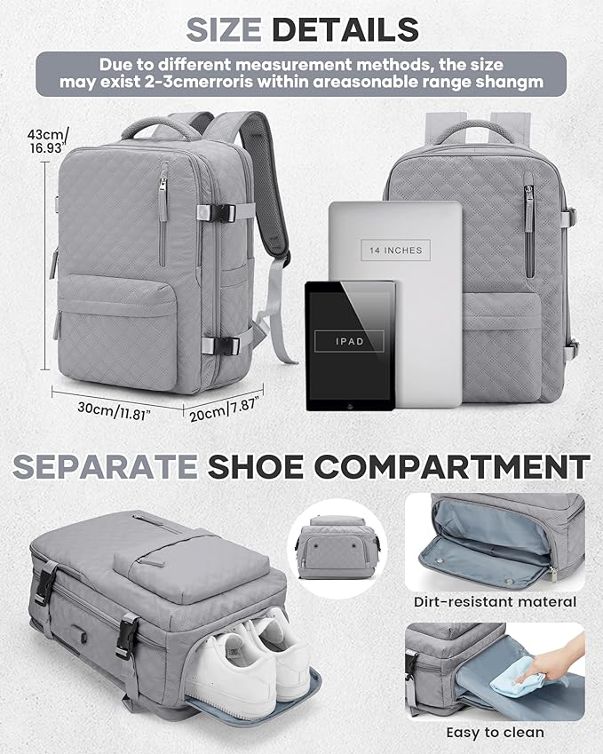 Travel Vacuum Storage Backpack with Air Pump Vacuum Seal Compression Space Saver Bags Clothing Vacpack 18x14x8 inches Travel Bag Carry on Personal item Laptop Work Backpacks Women Men Grey