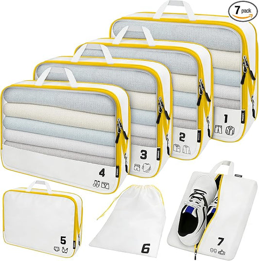 7 Set Compression Packing Cubes for Travel, Luggage Organizer Bags for Suitcases with Mesh Panels, Shoe Bag & Toiletry Bag for Carry On, Vacation & Cruise Essentials (White)