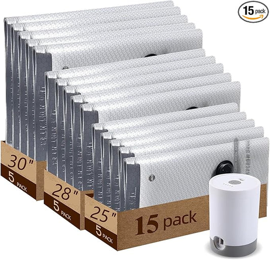 Vacuum Bags For Travel With Rechargeable Air Pump 15 Pack Compression Packing Bags for Luggage, Carry-On Space Saver for Clothes, Ideal for Dorm Living & Small Space Storage