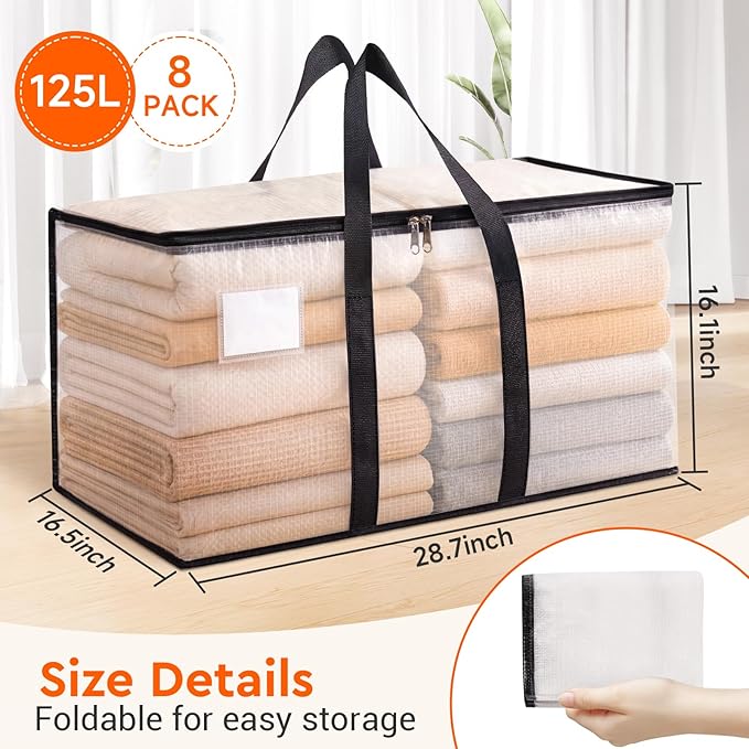 BlissTotes Clear Moving Bags Heavy Duty, 93L Extra Large Storage Bags with Zipper & Reinforced Handles, Waterproof PP Moving Totes for Clothes, Bedding, Comforters, Space Saving Storage (8 Pack)