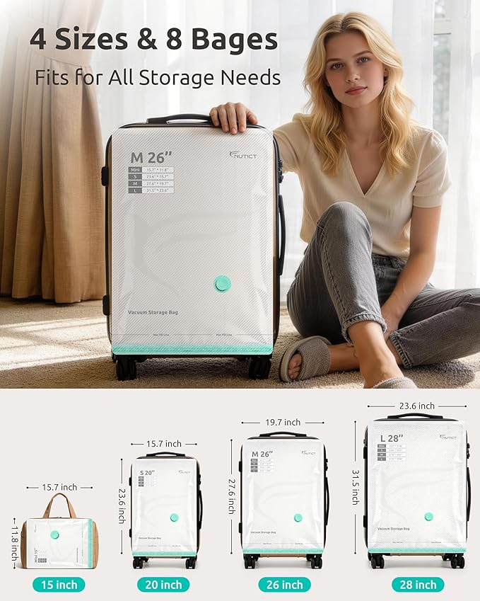 NUTICT 8-Pack Vacuum Seal Storage Bags for Travel, Rechargeable Wireless Air Pump, 4-Size Compression Space Saver for Luggage and Suitcase, Long-Term Reusable Bag for Clothes, Cruise Ship Vacation