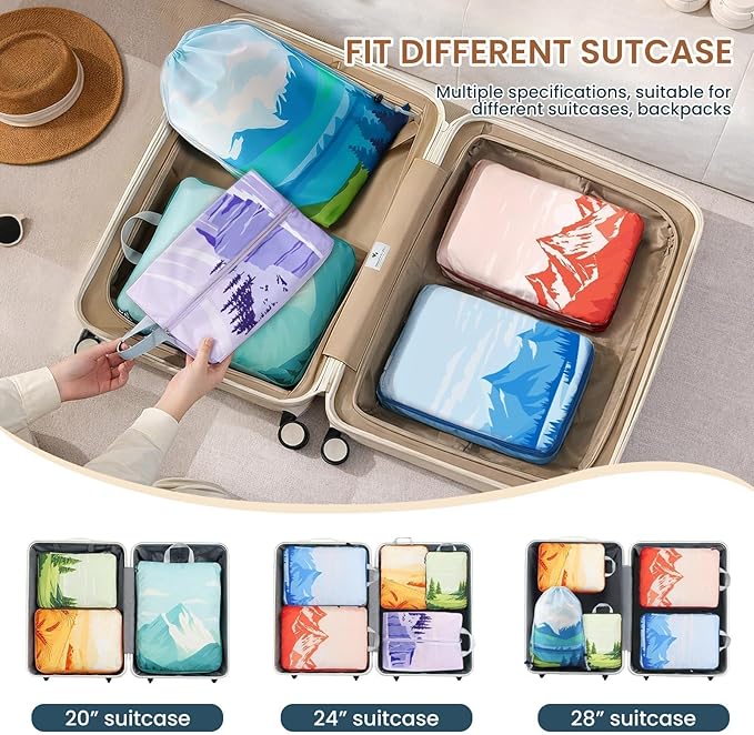 7-Piece Compression Packing Cubes for Travel, Patterned Expandable Luggage Organizer Bags with Double Zipper & Mesh Panel, Shoe Bag & Drawstring Bag for Carry-On, Vacation, Camping