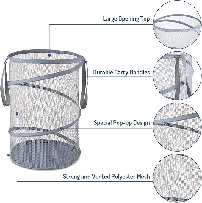 Seiritex Mesh Popup Laundry Hamper 115L Collapsible Laundry Basket Extra Large Capacity Foldable Clothing Storage Basket with Handles 26 H x 18 W x 18 L (Gray)
