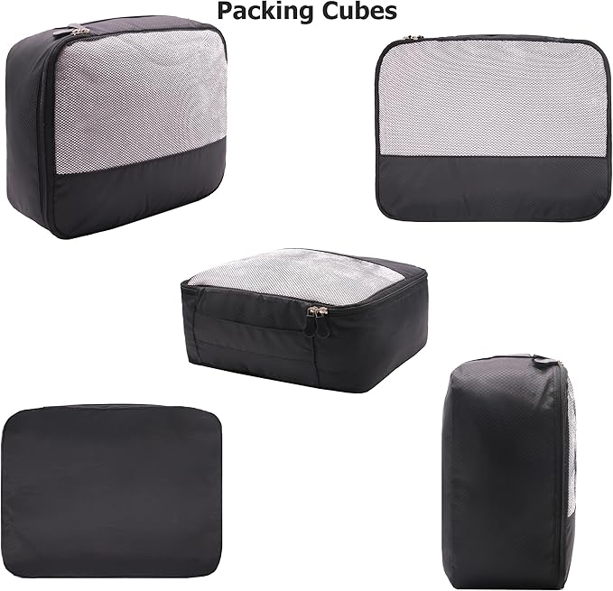 DoubleTrip 9-Piece Black Travel Organizer Set with 4 Packing Cubes, Cosmetic Organizer, Shoe & Electronics Pouches, and Accessories & Laundry Bag for Luggage Storage & Travel Essentials