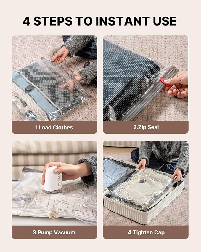 Vacuum Seal Bags for Clothing Travel with Rechargeable Cordless Pump, VINTAR 20 Pack Space Saver Vacuum Storage Bags(5J+5L+5M+5S), Compression Packing Bags for Luggage and Suitcase