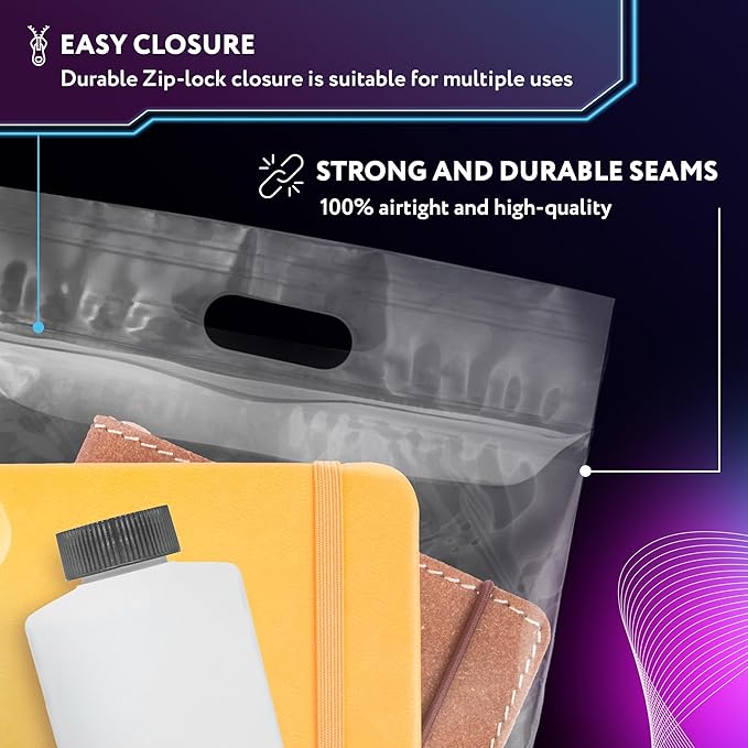 APQ Die Cut Zipper Bags, 13 x 15 Inches. Pack of 50 Clear Polyethylene Die Cut Handle Reclosable Zip Bags for Clothes, Tools. 3 Mil Thick Durable Reclosable Plastic Bags With Zipper Closure