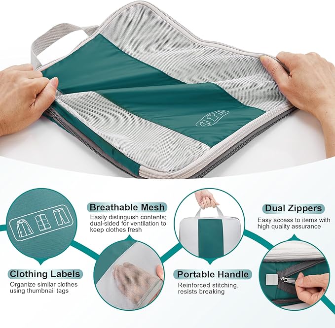 10 Set Compression Packing Cubes for Travel Essentials,Compressible Expandable Packing Cubes for Suitcase,OlarHike Luggage Organizer Bags,Handy Helper for Organizing Clothes(Dark Blue Green)