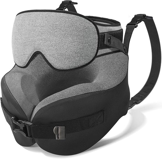 YFONG Travel Pillow for Long Flight Airplane, Head Strap Combo with 3D Contoured Sleep Eye Mask, Neck Pillow for Travel Essential, 360° Support Memory Foam Headrest, Prevent Bobbing, Drawstrap - Grey