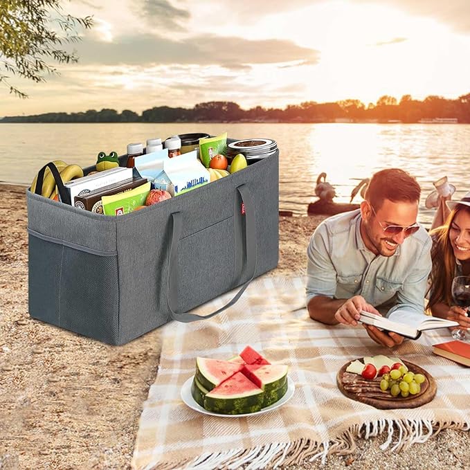 LHZK Standing Extra Large Utility Tote Bag with Metal Wire Frame and the Sides Rinforced, Extra Large Tote Bag with Handle, Reusable Grocery Bags Foldable, Beach Bag, Car Tote (Grey) | Metal Wire Frame