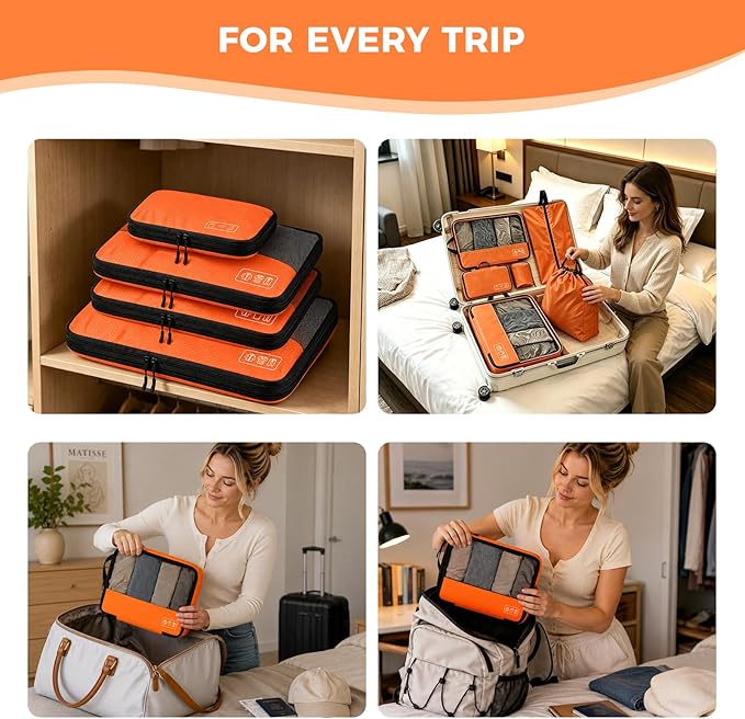 8-Piece Compression Packing Cubes for Travel, Bright & Lightweight Luggage Organizer System for Outdoor Travel & Adventure, Space Save for Backpack, Duffel Bag & Suitcase- Orange
