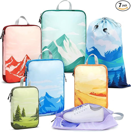 7-Piece Compression Packing Cubes for Travel, Patterned Expandable Luggage Organizer Bags with Double Zipper & Mesh Panel, Shoe Bag & Drawstring Bag for Carry-On, Vacation, Camping
