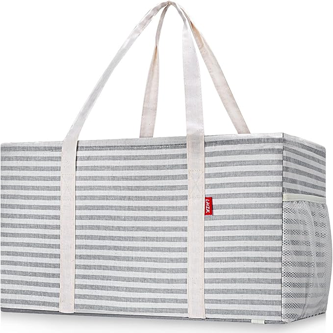 LHZK 2 Pack Extra Large Utility Tote Bag with Metal Wire Frame and the Sides Rinforced, Extra Large Tote Bag with Handle for Pool Beach Laundry Storage (Gray)