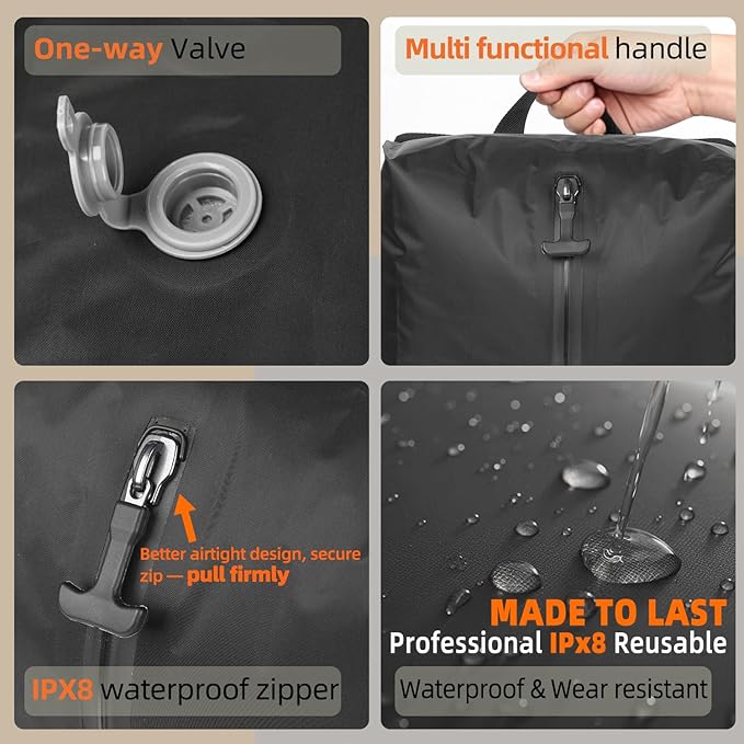 LONGHIKER Travel Vacuum Storage Bags Reusable Airless Space Saver Compression Bags for Carry-On Suitcase and Backpack,IPX8 Waterproof TPU Vacuum Seal Bags for Clothing (1PC-16L-No Pump)