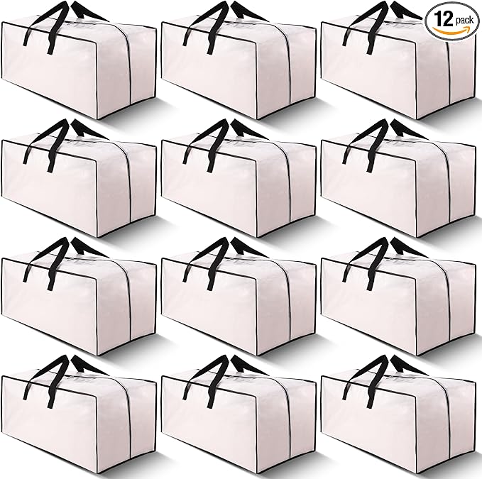 Cosy Family 12 Pack Heavy Duty Moving Bags with Backpack Straps - Strong Handles & Zippers, Storage Totes For Space Saving, Fold Flat, Alternative to Moving Box (X-Large-Set of 12, Clear)