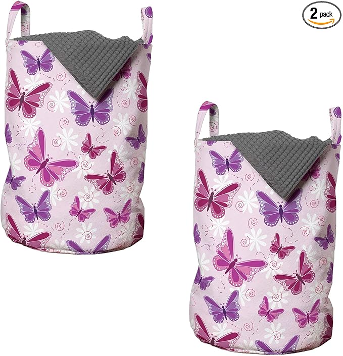 Ambesonne Butterfly Laundry Bag Pack of 2, Various Flying Butterflies Colors Hippie Style Print Design, Hamper Basket with Handles Drawstring Closure, 13" x 19", Purple Pink