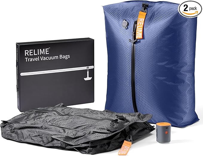 Relime Classic Series Vacuum Bags for Travel Luggage with Wireless Pump, Compression Bags for Carry On Suitcases and Backpack, Vacuum Seal Packing cube for Cloth Packing (2PC + PUMP Gray & Blue)