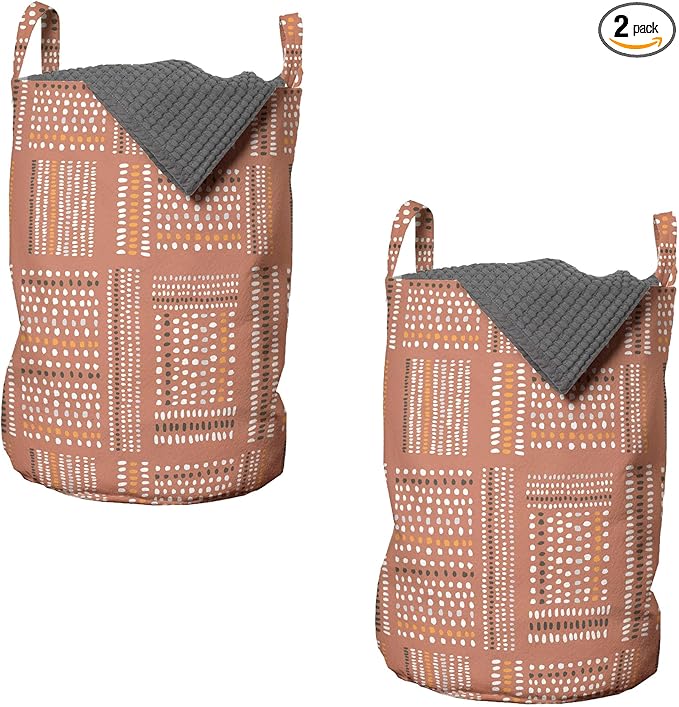 Ambesonne Tribal Laundry Bag Pack of 2, Hand Drawn Look Marks and Strokes Terracotta Color Palette Pattern, Hamper Basket with Handles Drawstring Closure, 13" x 19", Rust Grey