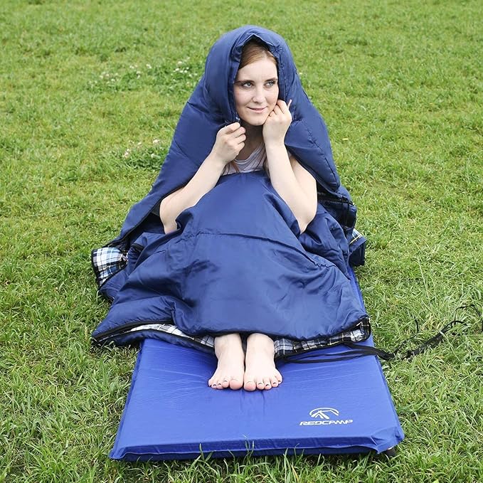 REDCAMP Flannel Sleeping Bag for Adults, Comfortable Cotton Envelope Sleeping Bags for Camping, Backpacking, Hiking, with Detachable Hood&Compression Sack, Blue/Red/Grey/Black