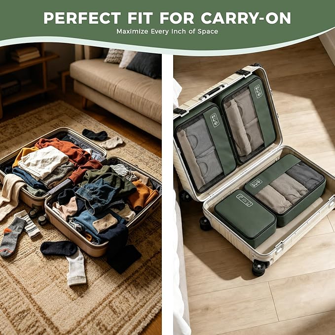 8-Piece Compression Packing Cubes for Travel, Trendy Luggage Organizer Set for Young Travelers, Space Saving for Carry-On, Suitcase, Vacation & Weekend Trips - Avocado Green