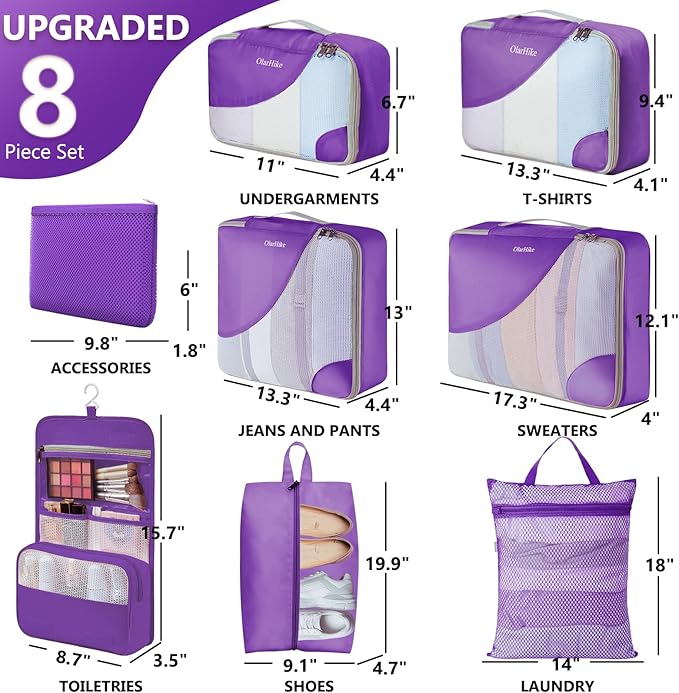 8 Set Packing Cubes for Travel, Gifts for Women Mom,Anti-Tearing Suitcase Organizer,OlarHike Vacation Essentials & Accessories for Cruise Ship