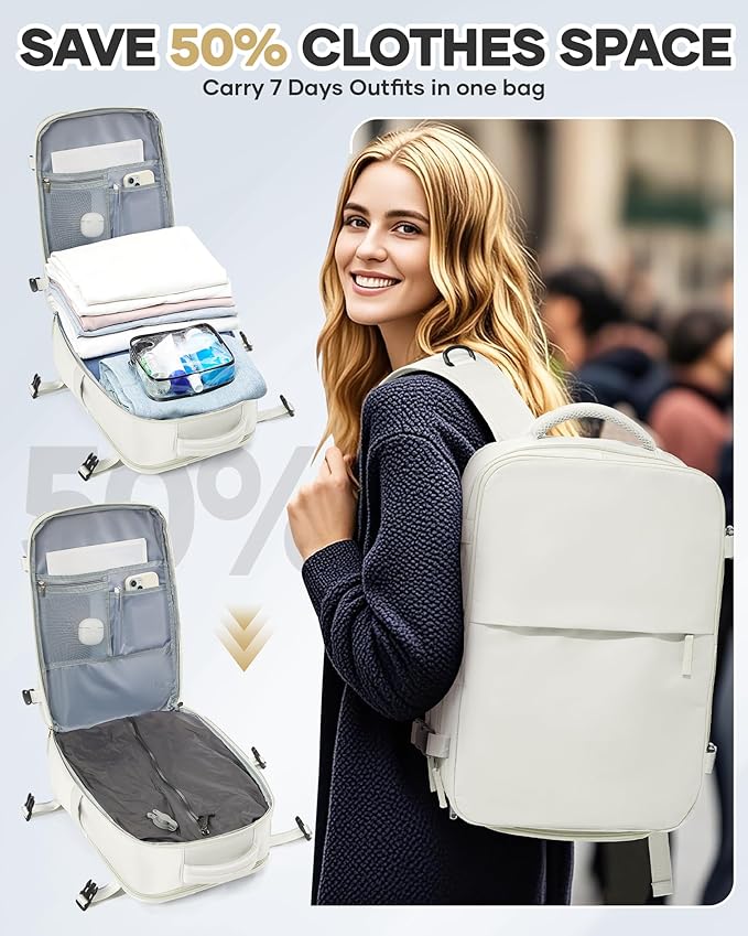 WONHOX Vacuum Seal Travel Backpack with Air Pump,Compression Vacpack Waterproof Carry On Backpack for Travel Women Men with Vacuum System,Airlines Approved Daypack Laptop Space Saver Bags,MoonWhite