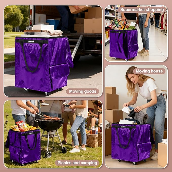 (Medium,Purple) Reusable Grocery Bag on 4 Wheels, Foldable Rolling Tote Bag with 3 Handles and Zipper, Storage Organizer for Groceries, Rolling Shopping Cart for Travel, 76lb