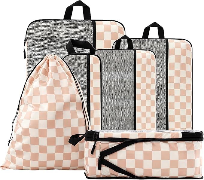 U+U 6 Set Compression Packing Cubes - Ultralight Travel Organizers with Laundry Bag, Space-Saving Suitcase Organizer for Travel, Business Trip and Family Vacation (Khaki Checkered)