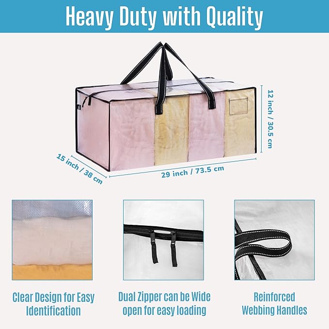 VENO 8 Pack Heavy Duty Moving Bags, Clear Packing Bags for Easy Visibility, Alternative to Moving Boxes, Storage Bins for Clothes, Blankets, Comforters, College Dorm Essentials (Clear, 8 Pack)