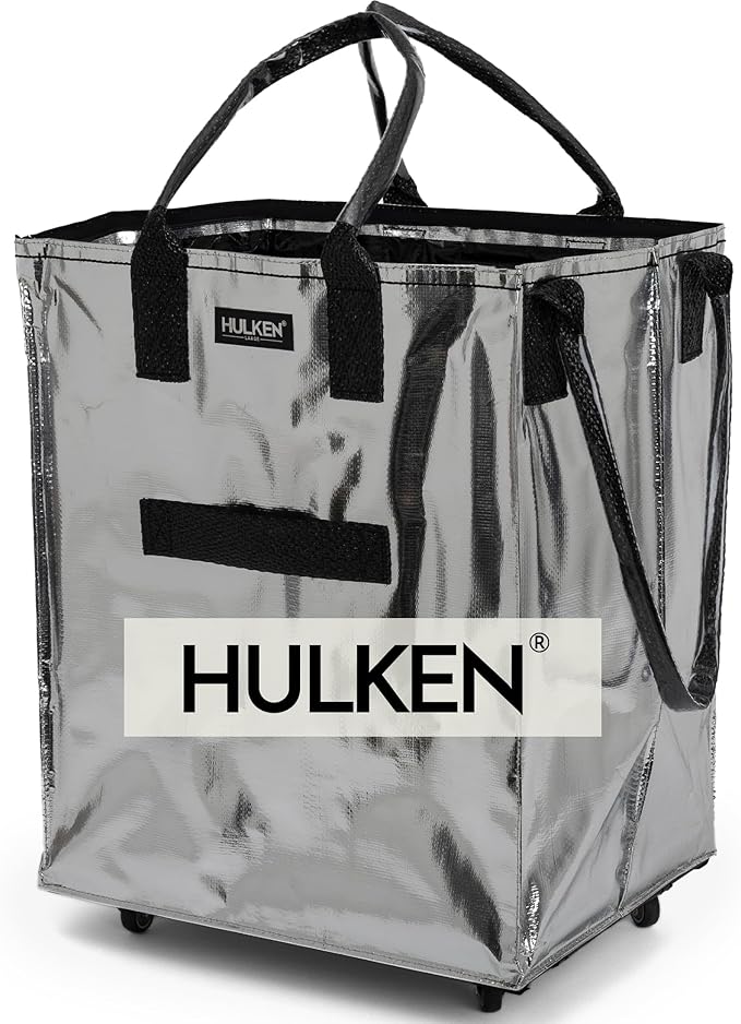 (Large, Silver) Reusable Grocery Bag On Wheels, Shopping Trolley, Rolling Tote, Zipper Closure, Lightweight, Carries Up to 66 lb, Folds Flat, Unbreakable Handles